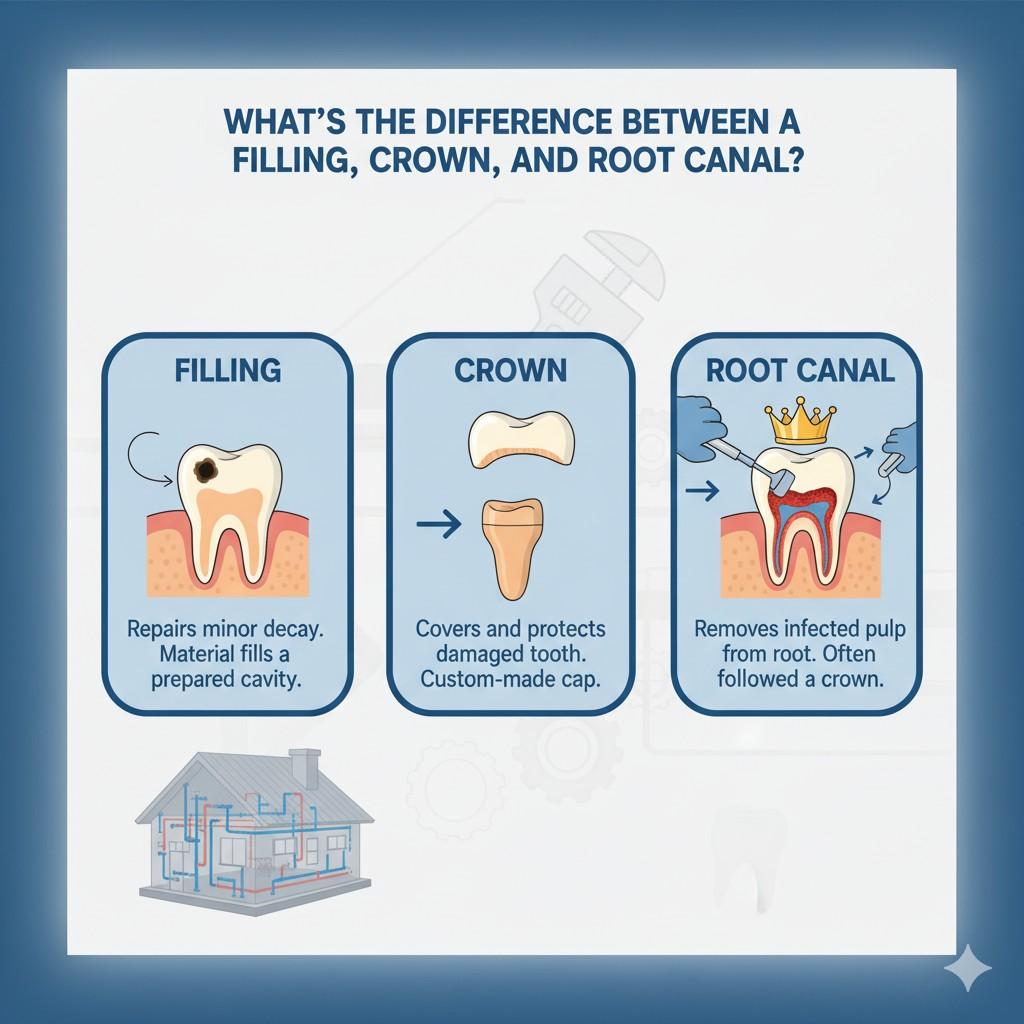 What’s the Difference Between a Filling, Crown, and Root Canal?